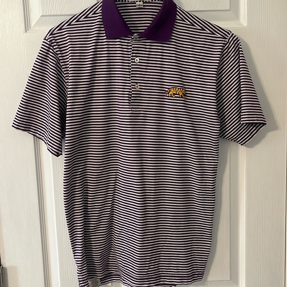 Peter Millar Striped Purple and White Polo Shirt with LSU Tiger Embroidery